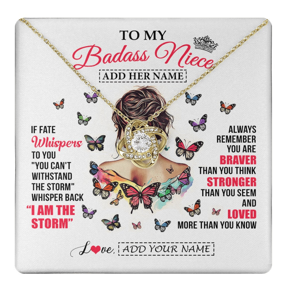 Love Knot Necklace 18K Yellow Gold Finish | 1 | Personalized To My Badass Niece From Uncle Aunt Auntie Necklace I Am The Storm Niece Gifts Birthday Graduation Christmas Custom Gift Box Message Card | https://teecentury.