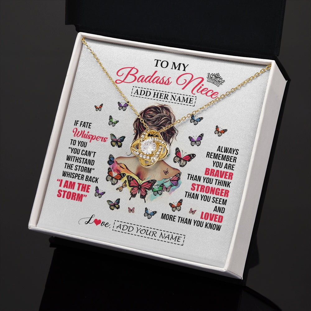 Love Knot Necklace 18K Yellow Gold Finish | 2 | Personalized To My Badass Niece From Uncle Aunt Auntie Necklace I Am The Storm Niece Gifts Birthday Graduation Christmas Custom Gift Box Message Card | https://teecentury.