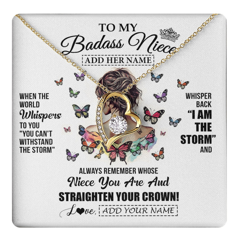 Forever Love Necklace 18K Yellow Gold Finish | 1 | Personalized To My Badass Niece I Am The Storm Necklace From Uncle Aunt Auntie Beautiful Niece Birthday Gifts Graduation Christmas Gift Box Message Card | https://teecentury.