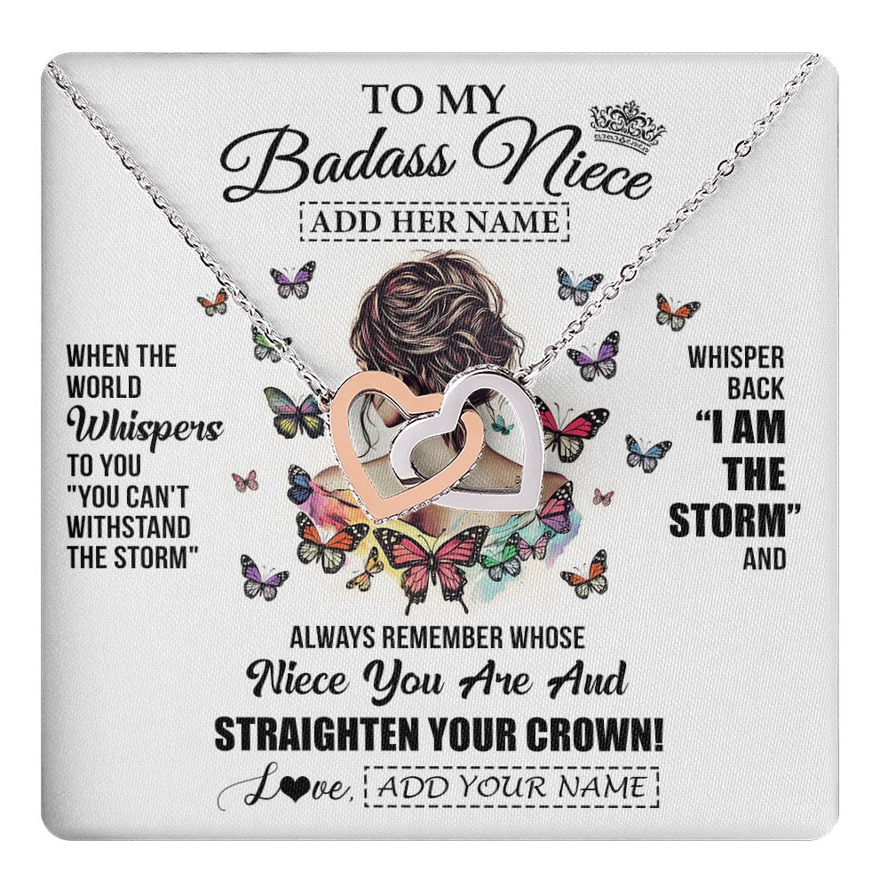Interlocking Hearts Necklace Stainless Steel & Rose Gold Finish | 1 | Personalized To My Badass Niece I Am The Storm Necklace From Uncle Aunt Auntie Beautiful Niece Birthday Gifts Graduation Christmas Gift Box Message Card | https://teecentury.