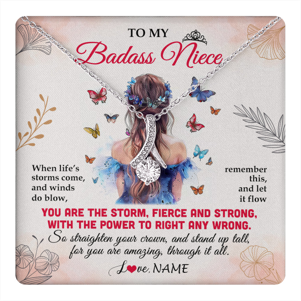 Alluring Beauty Necklace 14K White Gold Finish | 1 | Personalized To My Badass Niece Necklace From Aunt Auntie Uncle Floral Butterfly Niece Birthday Gifts Graduation Christmas Customized Gift Box Message Card | teecentury