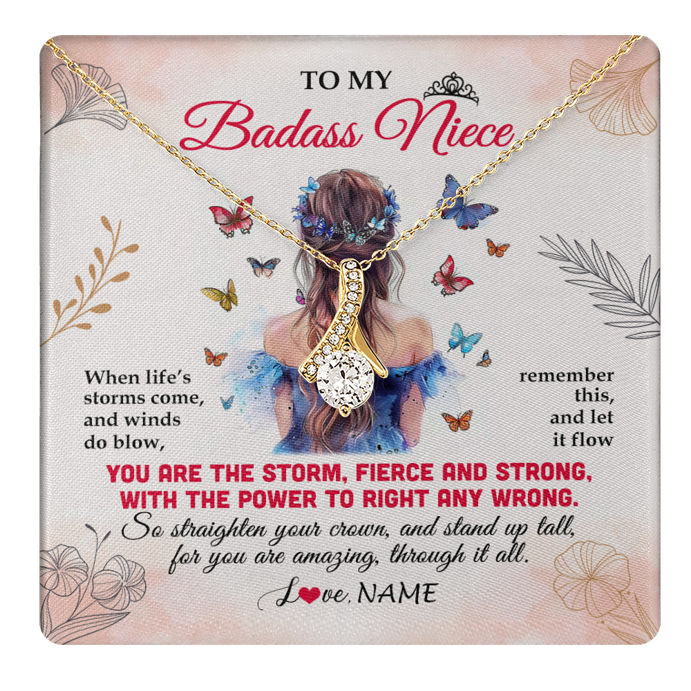 Alluring Beauty Necklace 18K Yellow Gold Finish | 1 | Personalized To My Badass Niece Necklace From Aunt Auntie Uncle Floral Butterfly Niece Birthday Gifts Graduation Christmas Customized Gift Box Message Card | teecentury