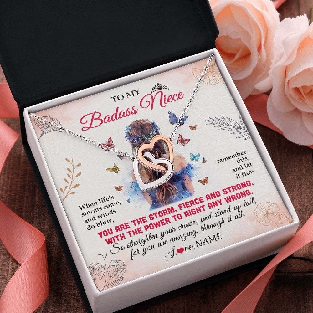 Interlocking Hearts Necklace Stainless Steel & Rose Gold Finish | 2 | Personalized To My Badass Niece Necklace From Aunt Auntie Uncle Floral Butterfly Niece Birthday Gifts Graduation Christmas Customized Gift Box Message Card | teecentury