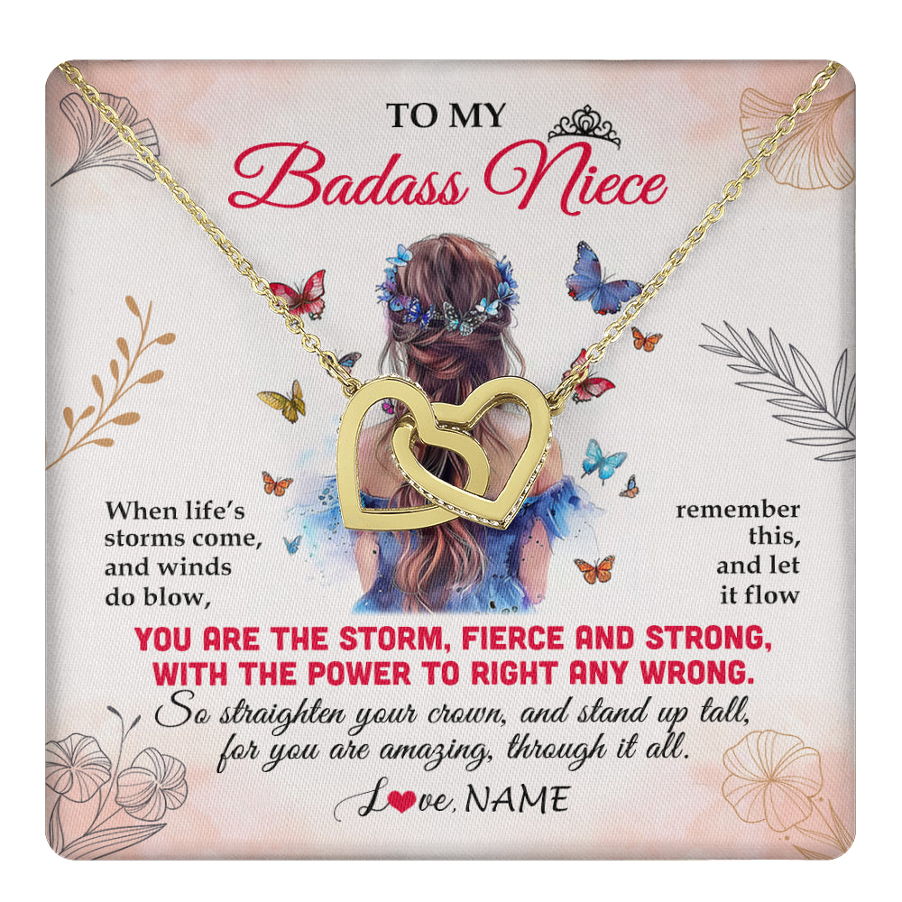 Interlocking Hearts Necklace 18K Yellow Gold Finish | 1 | Personalized To My Badass Niece Necklace From Aunt Auntie Uncle Floral Butterfly Niece Birthday Gifts Graduation Christmas Customized Gift Box Message Card | teecentury