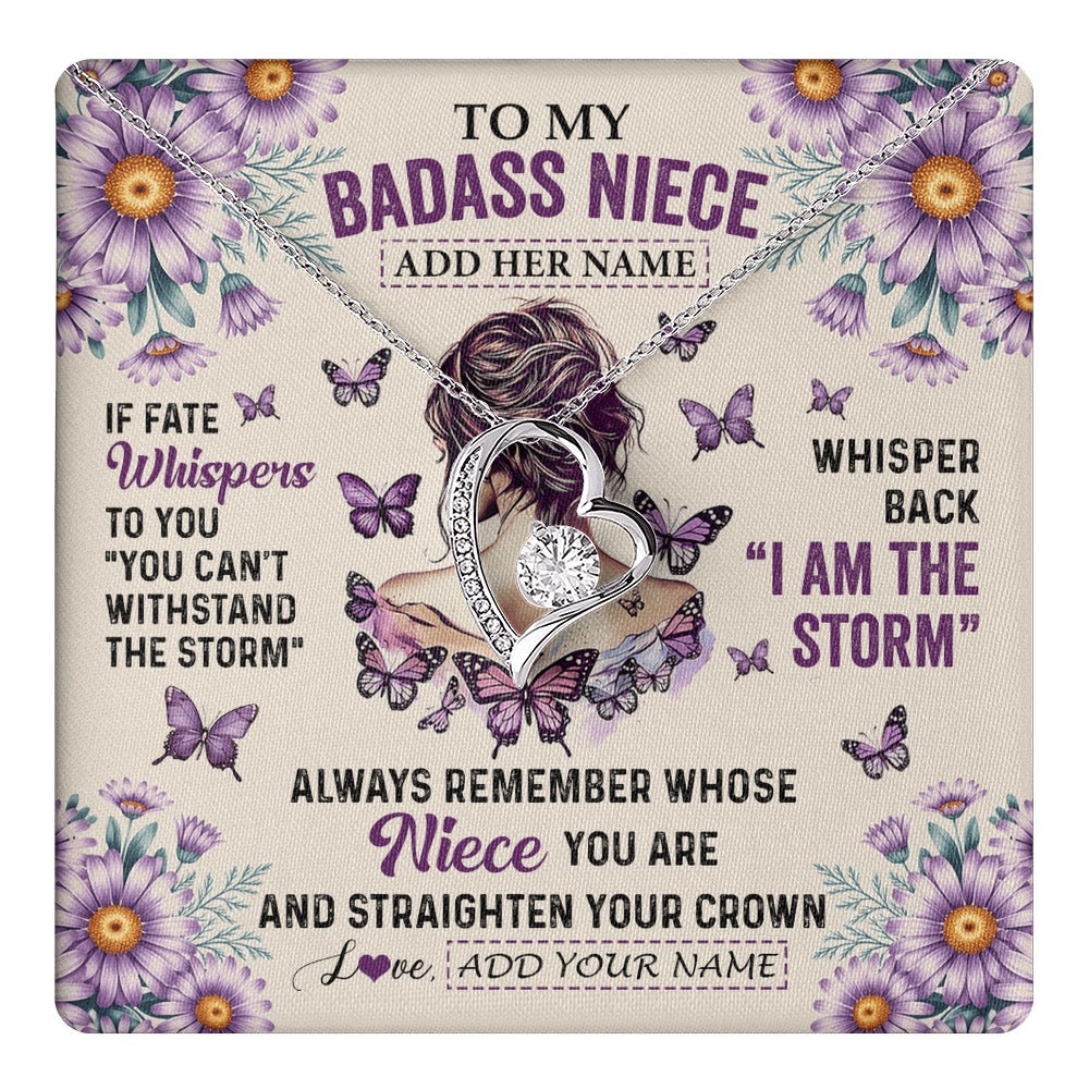 Forever Love Necklace 14K White Gold Finish | 1 | Personalized To My Badass Niece Necklace From Aunt Purple Butterfly I Am The Storm Niece Gifts Birthday Graduation Christmas Custom Gift Box Message Card | https://teecentury.