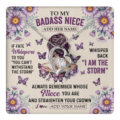 Forever Love Necklace 14K White Gold Finish | 1 | Personalized To My Badass Niece Necklace From Aunt Purple Butterfly I Am The Storm Niece Gifts Birthday Graduation Christmas Custom Gift Box Message Card | https://teecentury.