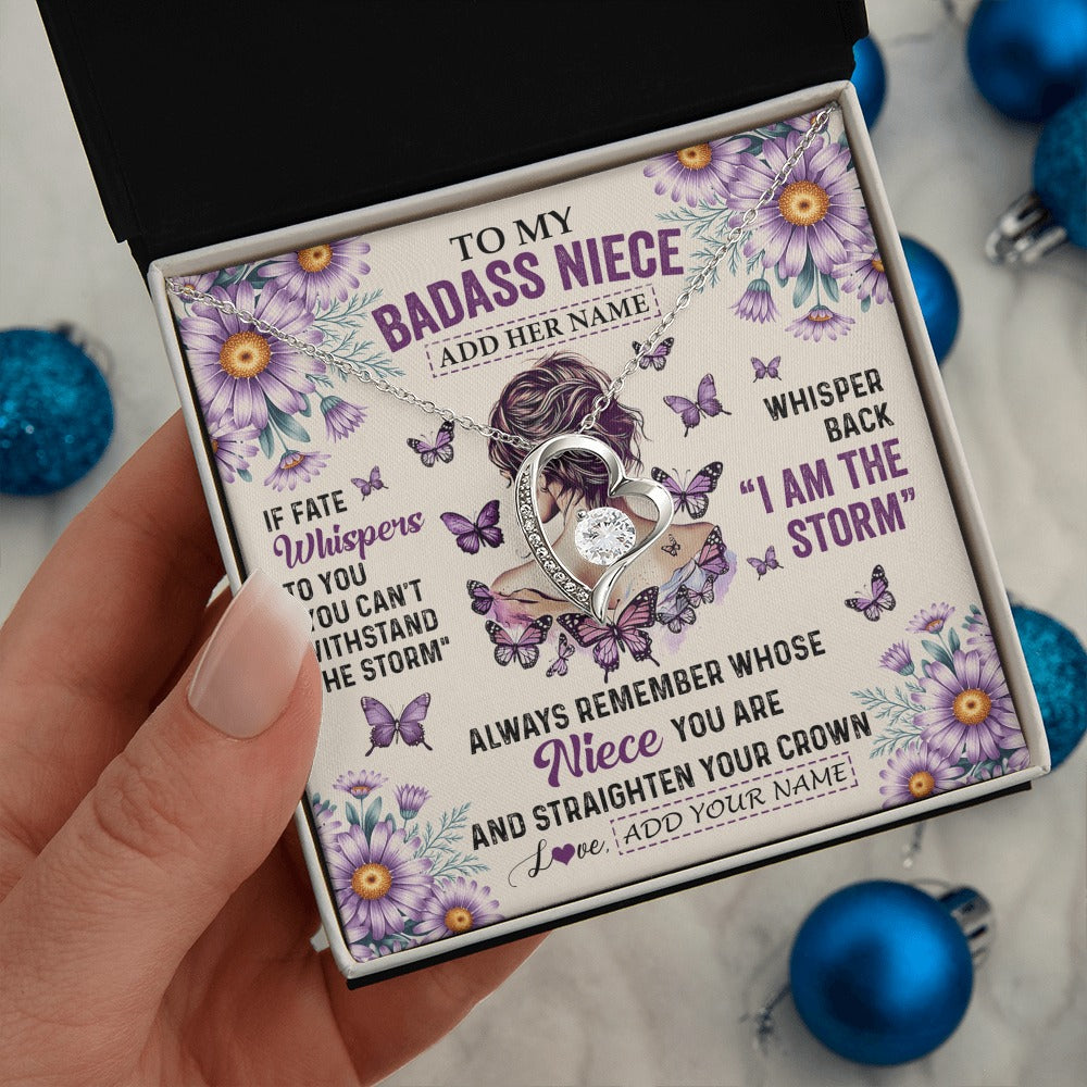 Forever Love Necklace 14K White Gold Finish | 2 | Personalized To My Badass Niece Necklace From Aunt Purple Butterfly I Am The Storm Niece Gifts Birthday Graduation Christmas Custom Gift Box Message Card | https://teecentury.