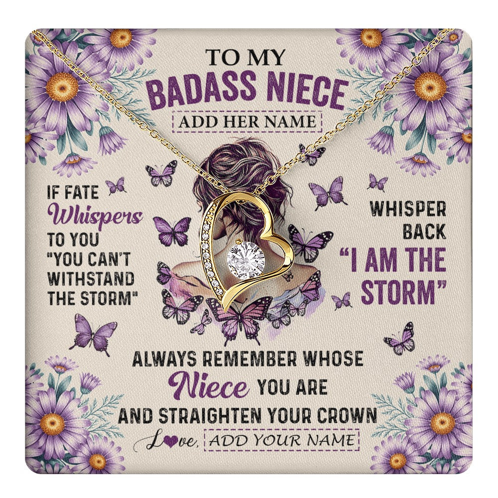 Forever Love Necklace 18K Yellow Gold Finish | 1 | Personalized To My Badass Niece Necklace From Aunt Purple Butterfly I Am The Storm Niece Gifts Birthday Graduation Christmas Custom Gift Box Message Card | https://teecentury.