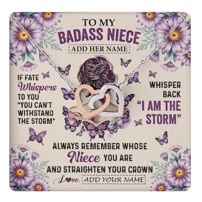 Interlocking Hearts Necklace Stainless Steel & Rose Gold Finish | 1 | Personalized To My Badass Niece Necklace From Aunt Purple Butterfly I Am The Storm Niece Gifts Birthday Graduation Christmas Custom Gift Box Message Card | https://teecentury.