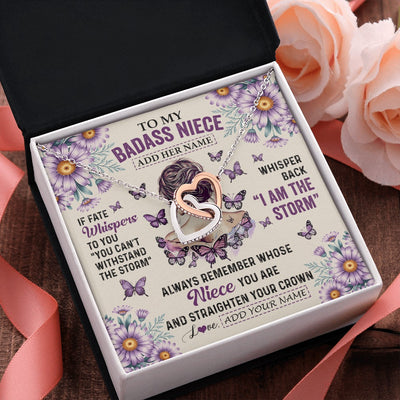 Interlocking Hearts Necklace Stainless Steel & Rose Gold Finish | 2 | Personalized To My Badass Niece Necklace From Aunt Purple Butterfly I Am The Storm Niece Gifts Birthday Graduation Christmas Custom Gift Box Message Card | https://teecentury.