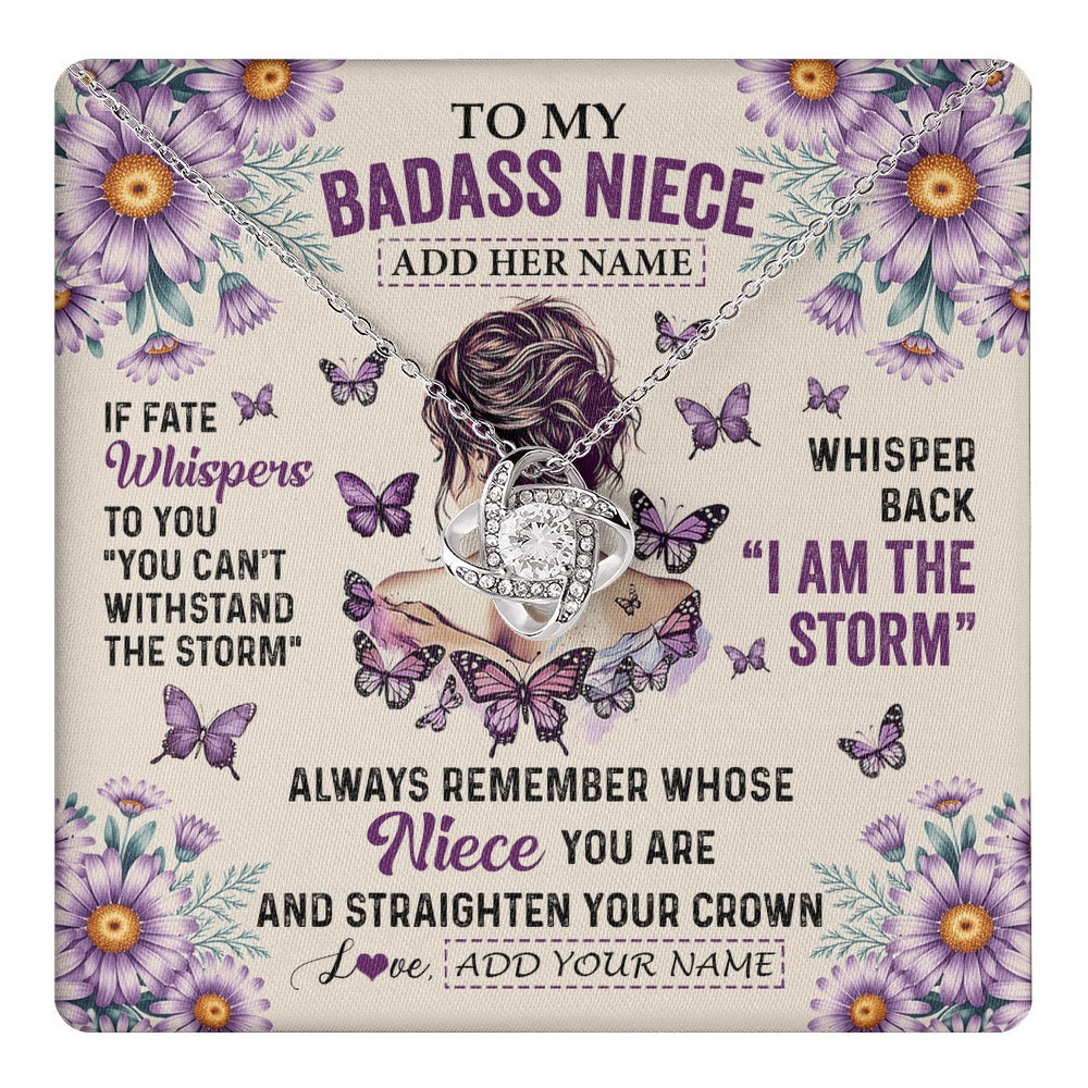 Love Knot Necklace 14K White Gold Finish | 1 | Personalized To My Badass Niece Necklace From Aunt Purple Butterfly I Am The Storm Niece Gifts Birthday Graduation Christmas Custom Gift Box Message Card | https://teecentury.