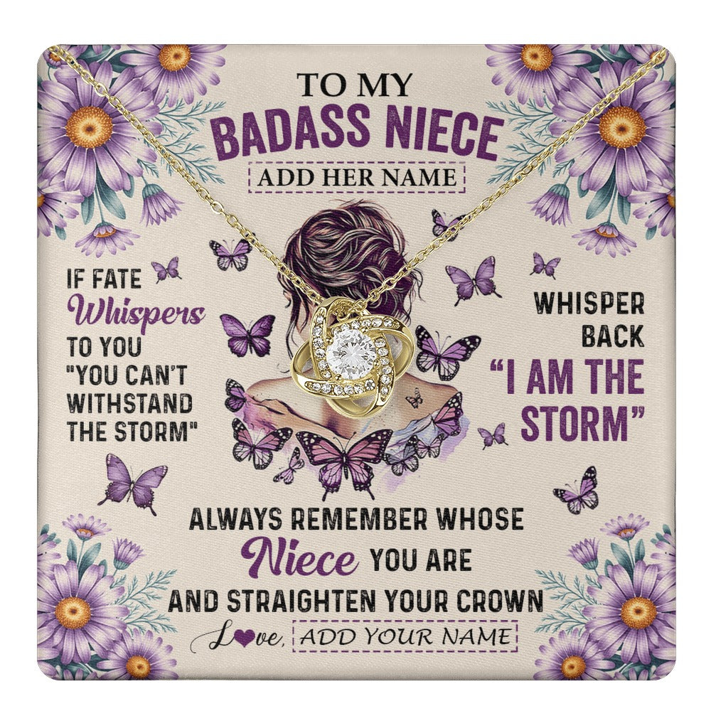 Love Knot Necklace 18K Yellow Gold Finish | 1 | Personalized To My Badass Niece Necklace From Aunt Purple Butterfly I Am The Storm Niece Gifts Birthday Graduation Christmas Custom Gift Box Message Card | https://teecentury.