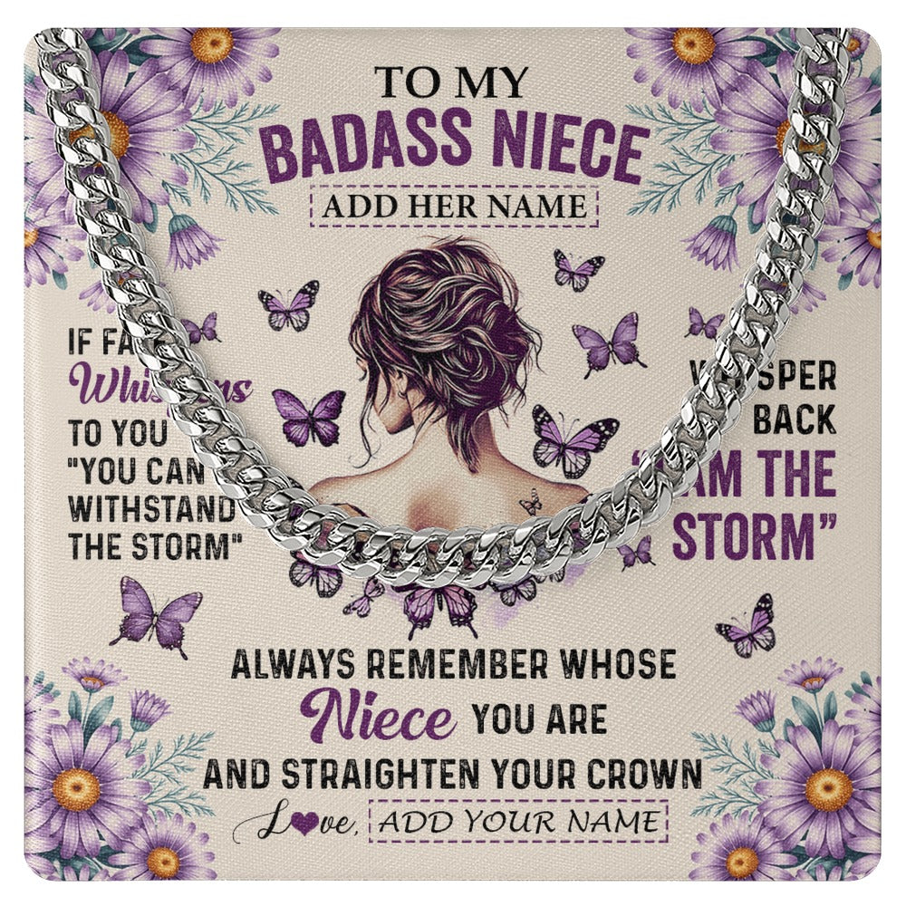 Cuban Link Chain Necklace Stainless Steel | 1 | Personalized To My Badass Niece Necklace From Aunt Purple Butterfly I Am The Storm Niece Gifts Birthday Graduation Christmas Custom Gift Box Message Card Shirt & Hoodie | https://teecentury.