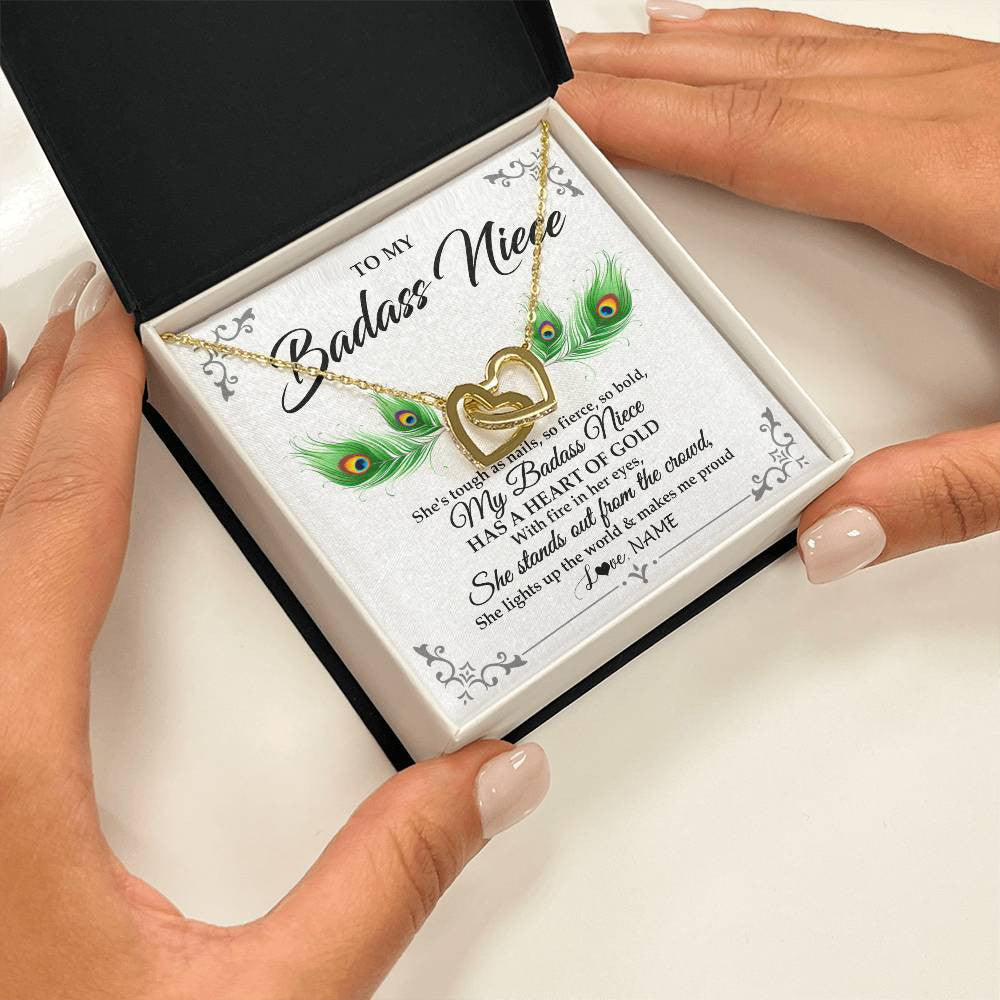 Interlocking Hearts Necklace 18K Yellow Gold Finish | 2 | Personalized To My Badass Niece Necklace From Aunt Uncle Love You Always Niece Jewelry Birthday Gift Graduation Christmas Customized Gift Box Message Card | teecentury