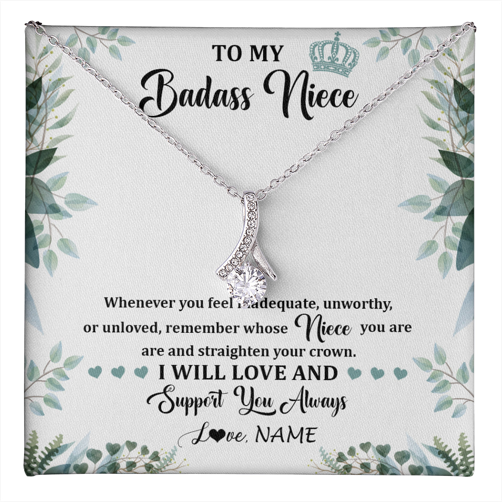 Alluring Beauty Necklace 14K White Gold Finish | 1 | Personalized To My Badass Niece Necklace From Aunt Uncle Straighten Your Crown Niece Birthday Jewelry Graduation Christmas Customized Gift Box Message Card | teecentury