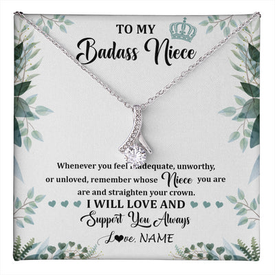 Alluring Beauty Necklace 14K White Gold Finish | 1 | Personalized To My Badass Niece Necklace From Aunt Uncle Straighten Your Crown Niece Birthday Jewelry Graduation Christmas Customized Gift Box Message Card | teecentury