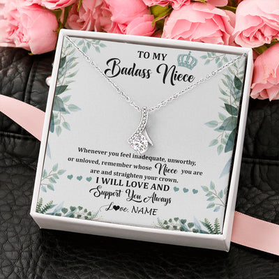 Alluring Beauty Necklace 14K White Gold Finish | 2 | Personalized To My Badass Niece Necklace From Aunt Uncle Straighten Your Crown Niece Birthday Jewelry Graduation Christmas Customized Gift Box Message Card | teecentury