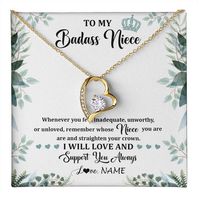 Forever Love Necklace 18K Yellow Gold Finish | 1 | Personalized To My Badass Niece Necklace From Aunt Uncle Straighten Your Crown Niece Birthday Jewelry Graduation Christmas Customized Gift Box Message Card | teecentury