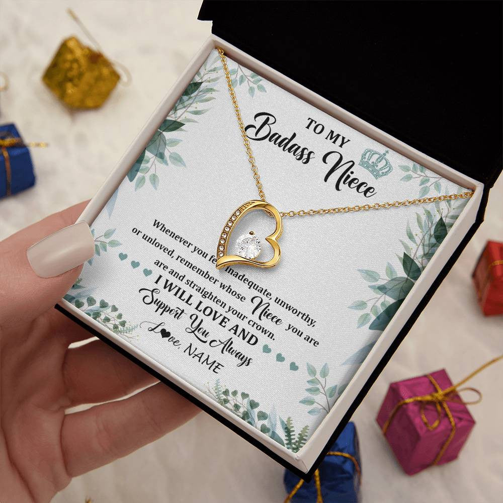 Forever Love Necklace 18K Yellow Gold Finish | 2 | Personalized To My Badass Niece Necklace From Aunt Uncle Straighten Your Crown Niece Birthday Jewelry Graduation Christmas Customized Gift Box Message Card | teecentury