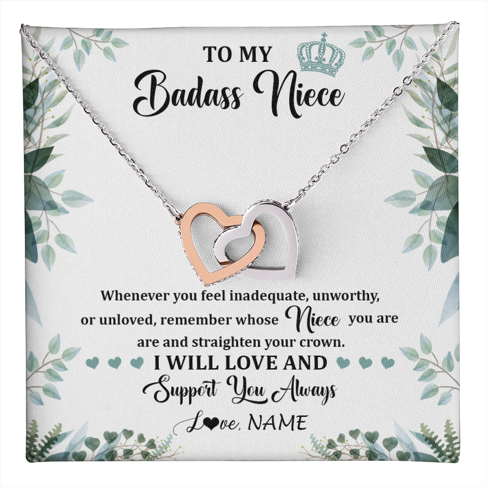Interlocking Hearts Necklace Stainless Steel & Rose Gold Finish | 1 | Personalized To My Badass Niece Necklace From Aunt Uncle Straighten Your Crown Niece Birthday Jewelry Graduation Christmas Customized Gift Box Message Card | teecentury