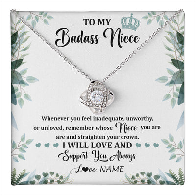 Love Knot Necklace 14K White Gold Finish | 1 | Personalized To My Badass Niece Necklace From Aunt Uncle Straighten Your Crown Niece Birthday Jewelry Graduation Christmas Customized Gift Box Message Card | teecentury
