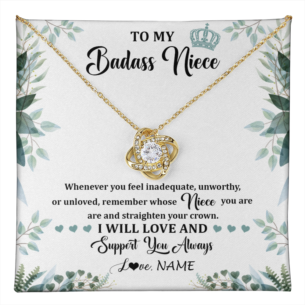 Love Knot Necklace 18K Yellow Gold Finish | 1 | Personalized To My Badass Niece Necklace From Aunt Uncle Straighten Your Crown Niece Birthday Jewelry Graduation Christmas Customized Gift Box Message Card | teecentury