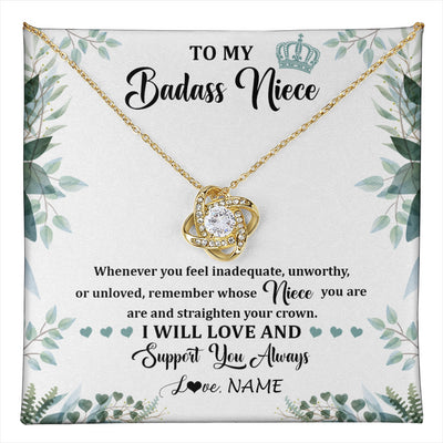 Love Knot Necklace 18K Yellow Gold Finish | 1 | Personalized To My Badass Niece Necklace From Aunt Uncle Straighten Your Crown Niece Birthday Jewelry Graduation Christmas Customized Gift Box Message Card | teecentury