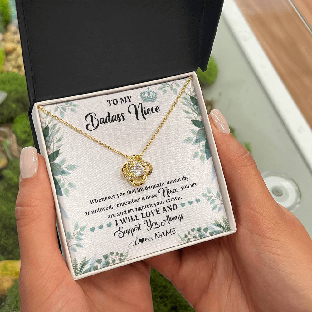 Love Knot Necklace 18K Yellow Gold Finish | 2 | Personalized To My Badass Niece Necklace From Aunt Uncle Straighten Your Crown Niece Birthday Jewelry Graduation Christmas Customized Gift Box Message Card | teecentury