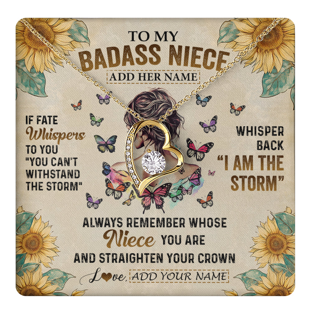 Forever Love Necklace 18K Yellow Gold Finish | 1 | Personalized To My Badass Niece Necklace From Uncle Aunt Auntie I Am The Storm Niece Gifts Birthday Graduation Christmas Customized Gift Box Message Card | teecentury