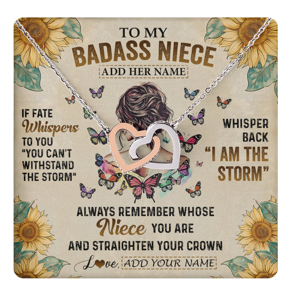 Interlocking Hearts Necklace Stainless Steel & Rose Gold Finish | 1 | Personalized To My Badass Niece Necklace From Uncle Aunt Auntie I Am The Storm Niece Gifts Birthday Graduation Christmas Customized Gift Box Message Card | teecentury