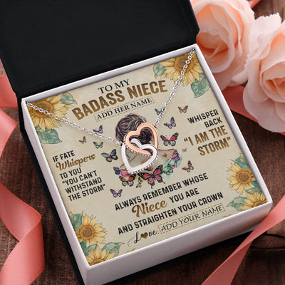 Interlocking Hearts Necklace Stainless Steel & Rose Gold Finish | 2 | Personalized To My Badass Niece Necklace From Uncle Aunt Auntie I Am The Storm Niece Gifts Birthday Graduation Christmas Customized Gift Box Message Card | teecentury