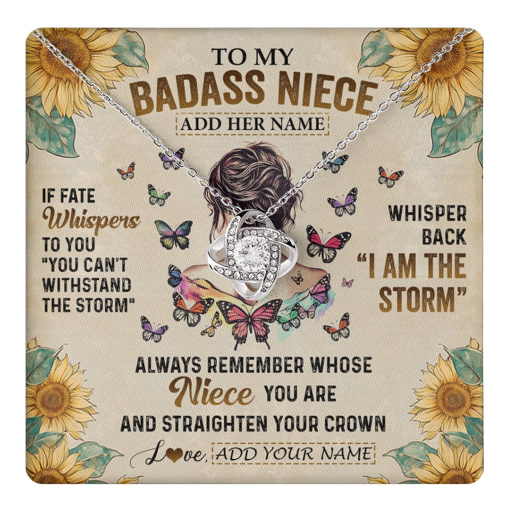 Love Knot Necklace 14K White Gold Finish | 1 | Personalized To My Badass Niece Necklace From Uncle Aunt Auntie I Am The Storm Niece Gifts Birthday Graduation Christmas Customized Gift Box Message Card | teecentury