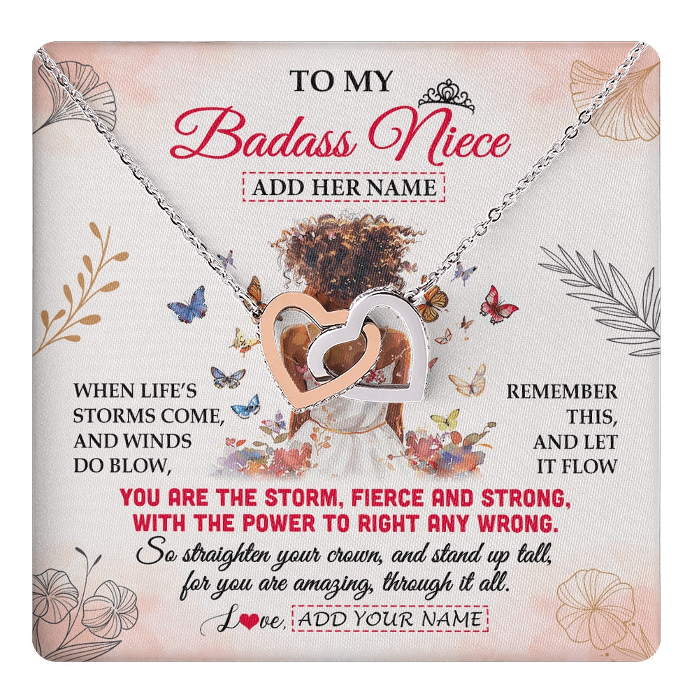 Interlocking Hearts Necklace Stainless Steel & Rose Gold Finish | 1 | Personalized To My Badass Niece Necklace From Uncle Aunt Floral Butterfly African Afro Niece Birthday Gifts Graduation Christmas Custom Gift Box Message Card | https://teecentury.