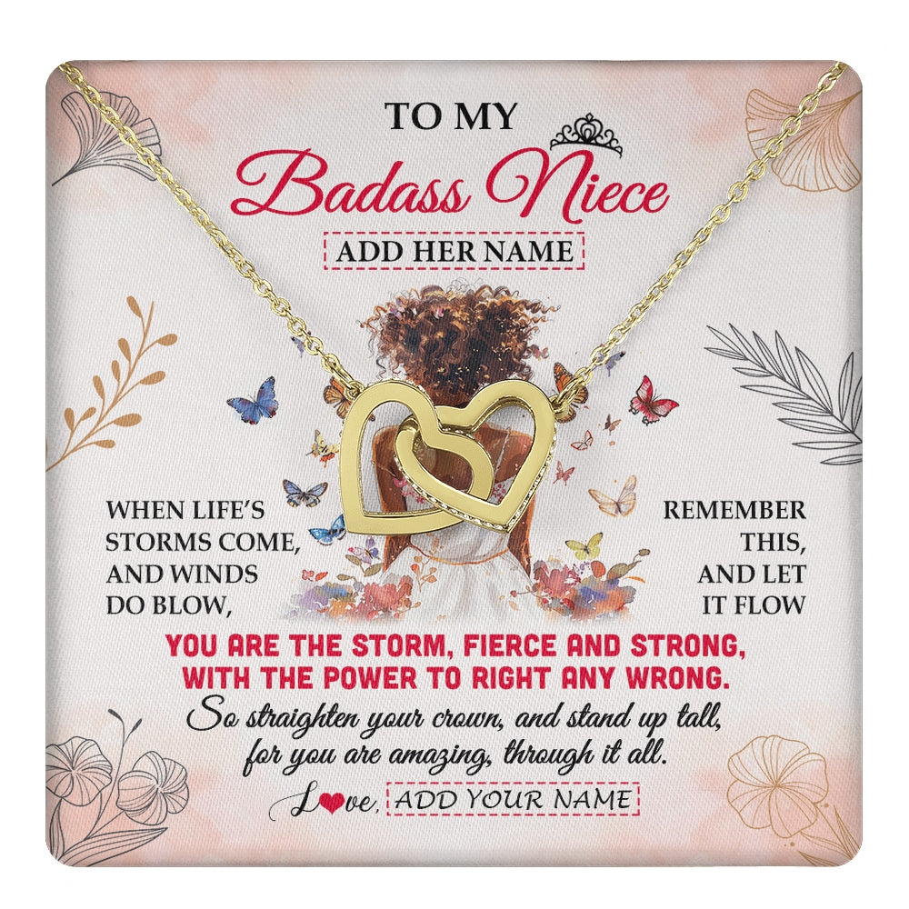 Interlocking Hearts Necklace 18K Yellow Gold Finish | 1 | Personalized To My Badass Niece Necklace From Uncle Aunt Floral Butterfly African Afro Niece Birthday Gifts Graduation Christmas Custom Gift Box Message Card | https://teecentury.