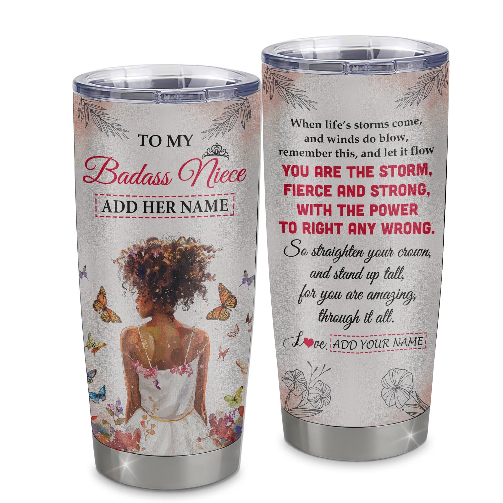 Personalized To My Badass Niece Tumbler From Uncle Aunt Auntie Floral Butterfly African Afro Girl Niece Birthday Gifts Christmas Custom Stainless Steel Travel Mug | teecentury