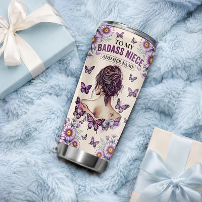 Personalized To My Badass Niece Tumbler From Uncle Aunt Purple Butterfly I Am The Storm Niece Gifts Birthday Graduation Christmas Custom Stainless Steel Travel Mug | teecentury