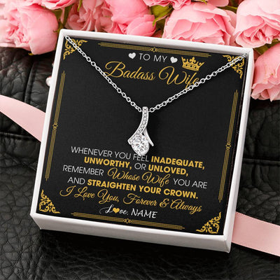 Alluring Beauty Necklace 14K White Gold Finish | 2 | Personalized To My Badass Wife Necklace From Husband Crown I Love You Wife Birthday Anniversary Wedding Valentines Day Jewelry Customized Gift Box Message Card | teecentury