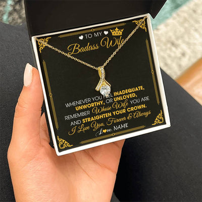 Alluring Beauty Necklace 18K Yellow Gold Finish | 2 | Personalized To My Badass Wife Necklace From Husband Crown I Love You Wife Birthday Anniversary Wedding Valentines Day Jewelry Customized Gift Box Message Card | teecentury