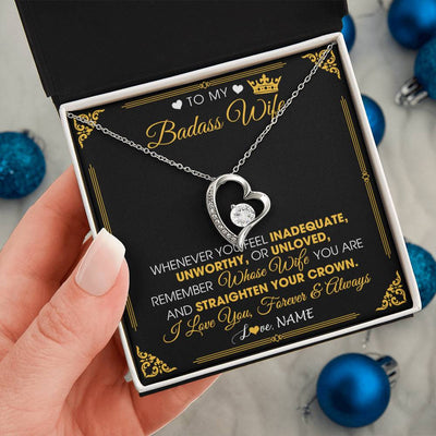 Forever Love Necklace 14K White Gold Finish | 2 | Personalized To My Badass Wife Necklace From Husband Crown I Love You Wife Birthday Anniversary Wedding Valentines Day Jewelry Customized Gift Box Message Card | teecentury