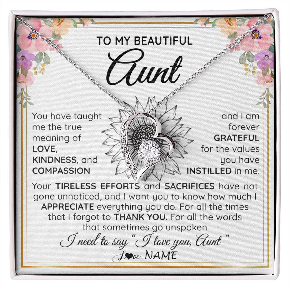 Forever Love Necklace 14K White Gold Finish | Personalized To My Beautiful Aunt From Niece Nephew Necklace Say I Love You Aunt Birthday Mothers Day Christmas Jewelry Customized Gift Box Message Card | teecentury