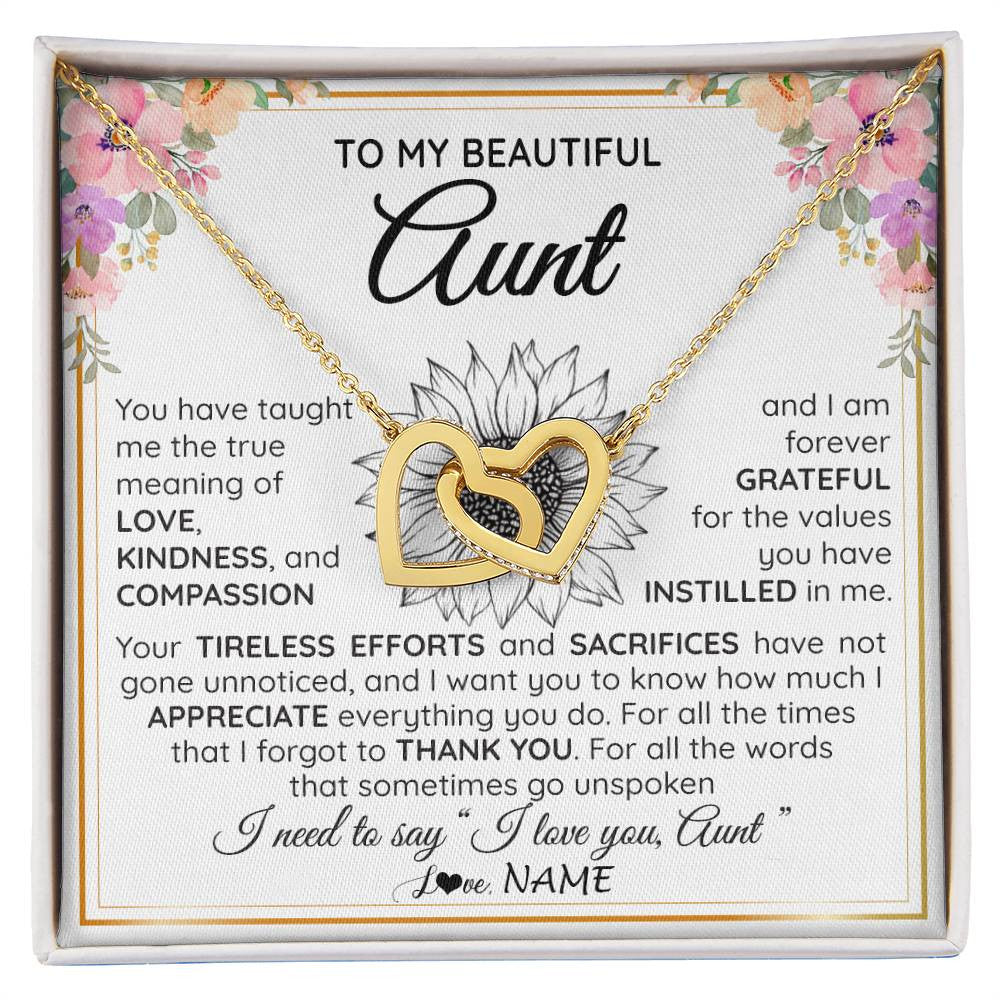 Interlocking Hearts Necklace 18K Yellow Gold Finish | Personalized To My Beautiful Aunt From Niece Nephew Necklace Say I Love You Aunt Birthday Mothers Day Christmas Jewelry Customized Gift Box Message Card | teecentury