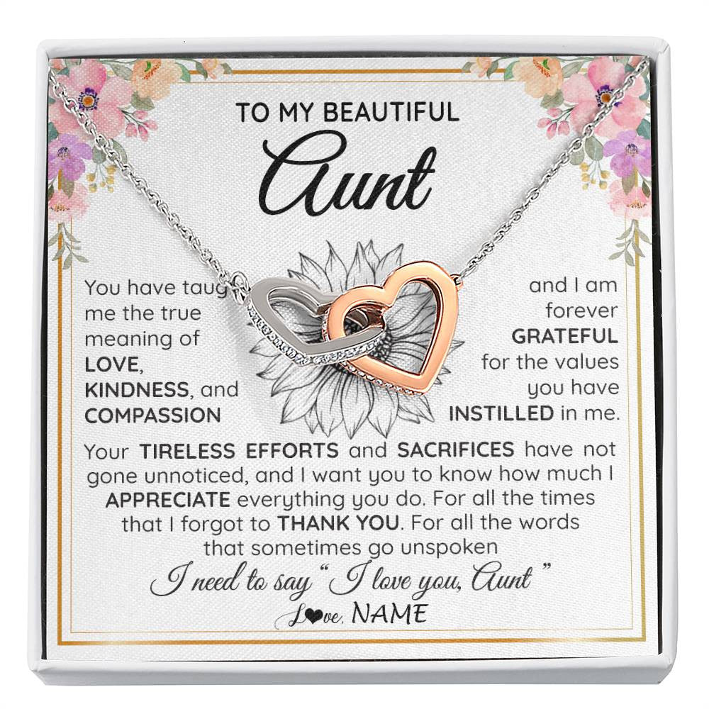 Interlocking Hearts Necklace Stainless Steel & Rose Gold Finish | Personalized To My Beautiful Aunt From Niece Nephew Necklace Say I Love You Aunt Birthday Mothers Day Christmas Jewelry Customized Gift Box Message Card | teecentury