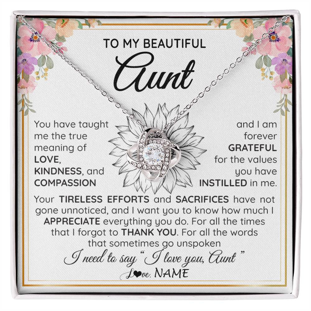 Love Knot Necklace 14K White Gold Finish | Personalized To My Beautiful Aunt From Niece Nephew Necklace Say I Love You Aunt Birthday Mothers Day Christmas Jewelry Customized Gift Box Message Card | teecentury
