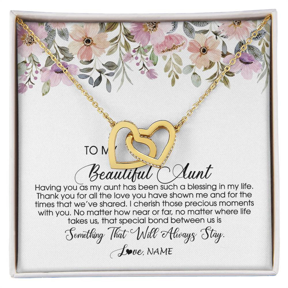 Interlocking Hearts Necklace 18K Yellow Gold Finish | Personalized To My Beautiful Aunt Necklace From Niece Nephew Having You As My Aunt Auntie Birthday Mothers Day Christmas Customized Gift Box Message Card | teecentury