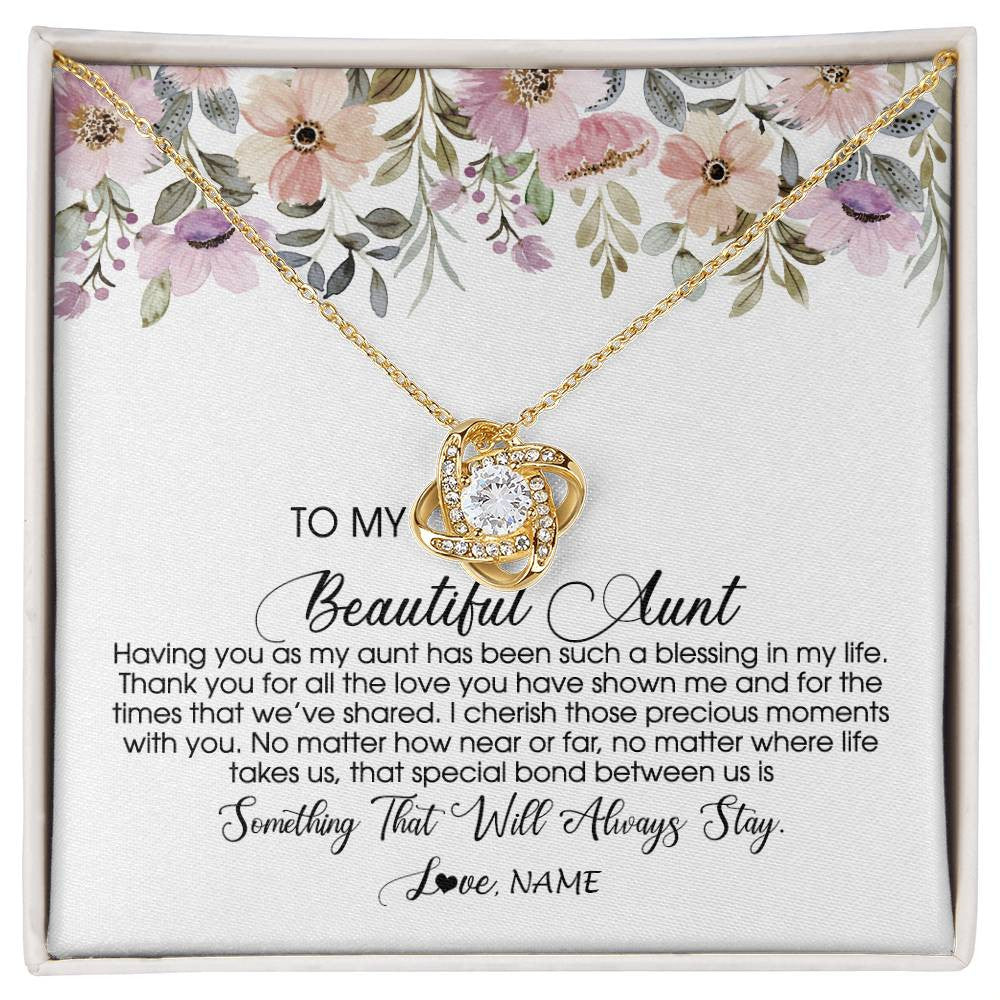 Love Knot Necklace 18K Yellow Gold Finish | Personalized To My Beautiful Aunt Necklace From Niece Nephew Having You As My Aunt Auntie Birthday Mothers Day Christmas Customized Gift Box Message Card | teecentury