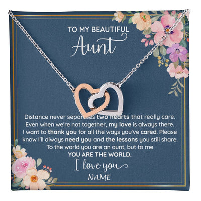 Interlocking Hearts Necklace Stainless Steel & Rose Gold Finish | 1 | Personalized To My Beautiful Aunt Necklace From Niece Nephew You Are The World Aunt Birthday Mothers Day Christmas Jewelry Customized Gift Box Message Card | teecentury