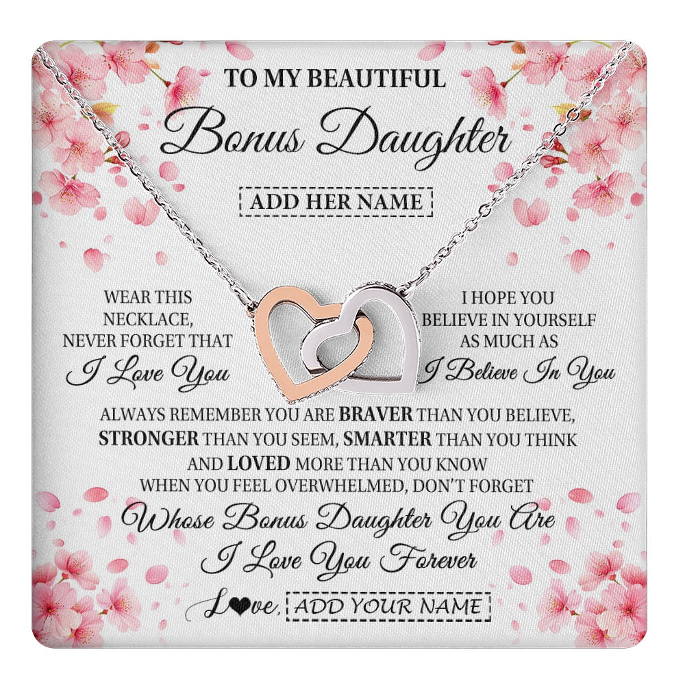 Interlocking Hearts Necklace Stainless Steel & Rose Gold Finish | 1 | Personalized To My Beautiful Bonus Daughter From Stepdad Stepmom Necklace Never Forget Birthday Gifts For Stepdaughter Gift Christmas Gift Box Message Card | teecentury.myshopify