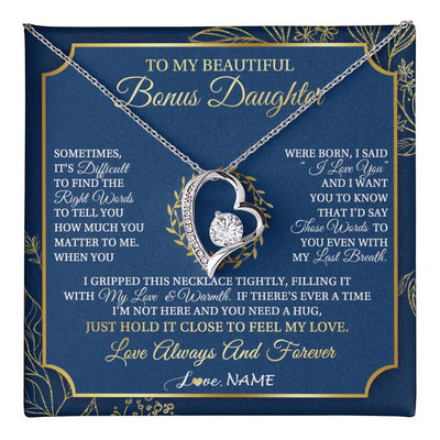 Forever Love Necklace 14K White Gold Finish | 1 | Personalized To My Beautiful Bonus Daughter From Stepmom Dad I Gripped This Necklace Jewelry Birthday Gifts Christmas Customized Gift Box Message Card | teecentury