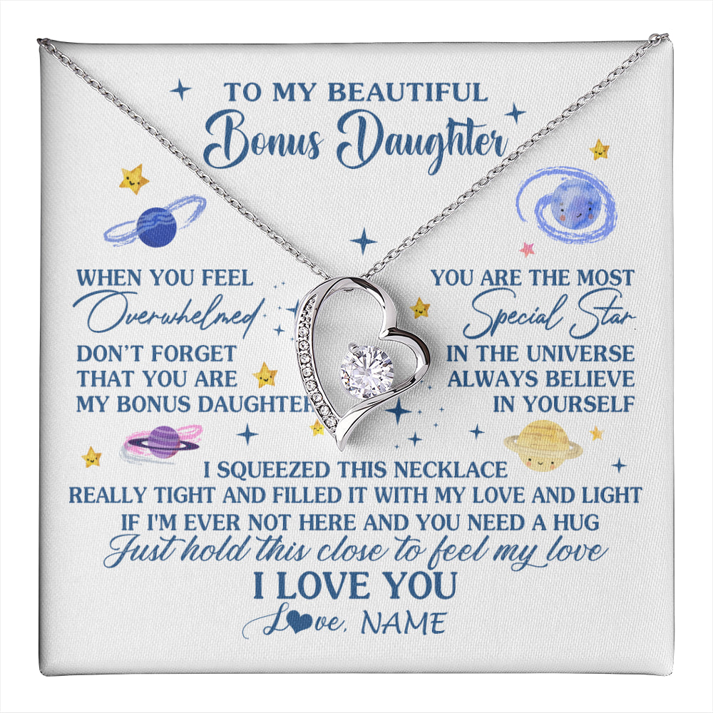 Forever Love Necklace 14K White Gold Finish | 1 | Personalized To My Beautiful Bonus Daughter Gifs From Bonus Mom Necklace Inspirational Stepddaughter Birthday Gifts Christmas Customized Gift Box Message Card | teecentury