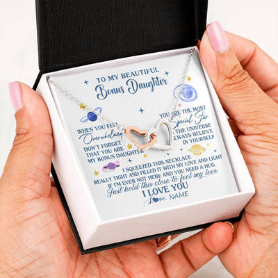 Interlocking Hearts Necklace Stainless Steel & Rose Gold Finish | 2 | Personalized To My Beautiful Bonus Daughter Gifs From Bonus Mom Necklace Inspirational Stepddaughter Birthday Gifts Christmas Customized Gift Box Message Card | teecentury